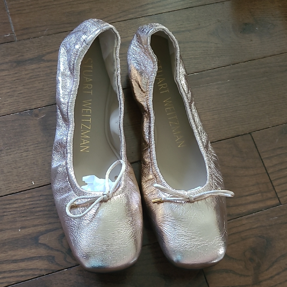 New Stuart Weitzman Bardot Bow Women's Leather Metallic Ballet Flats Size 6.5 - Picture 6 of 10